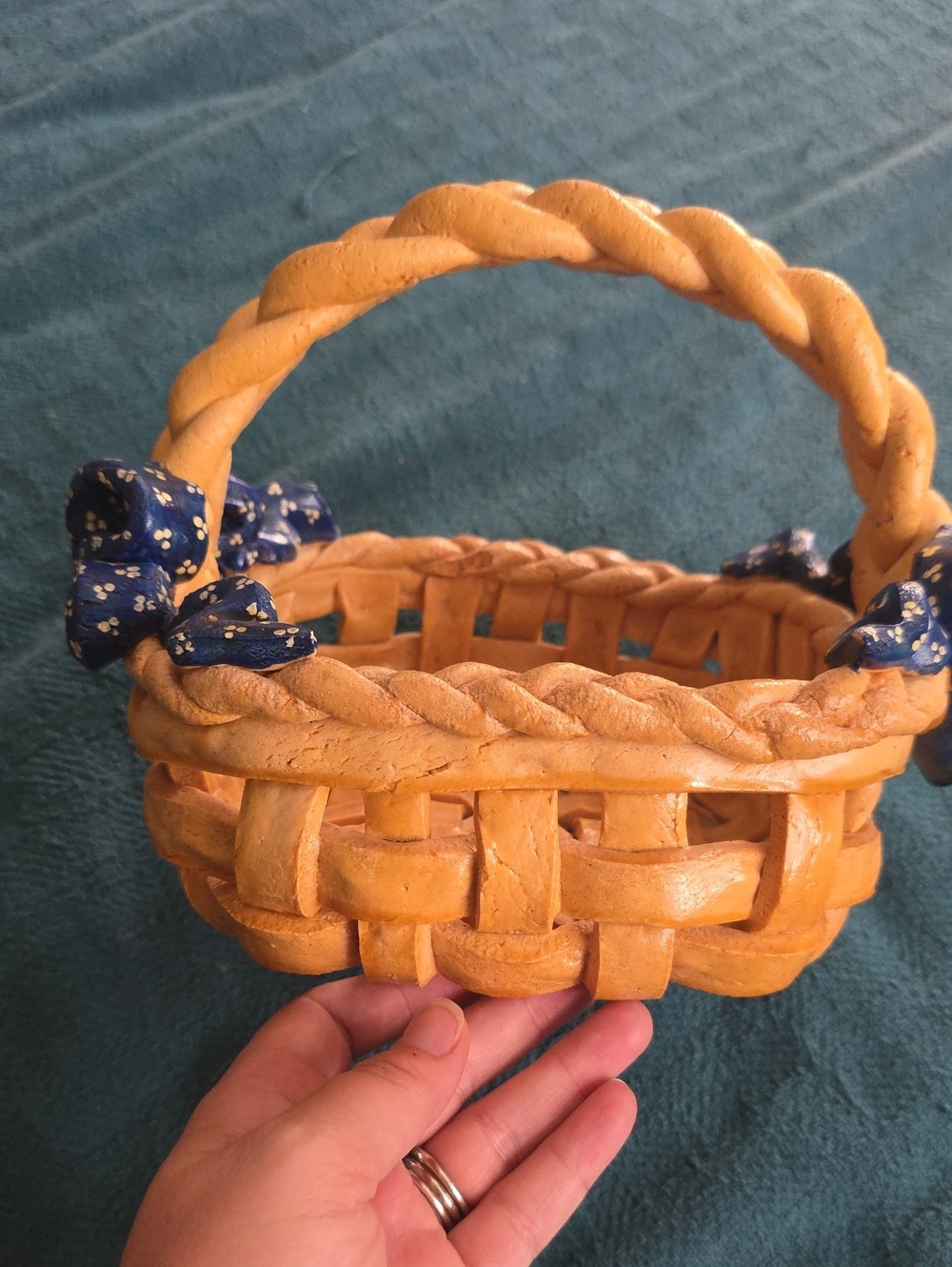 Handcrafted Bread Woven Basket with Navy Ribbon Accents